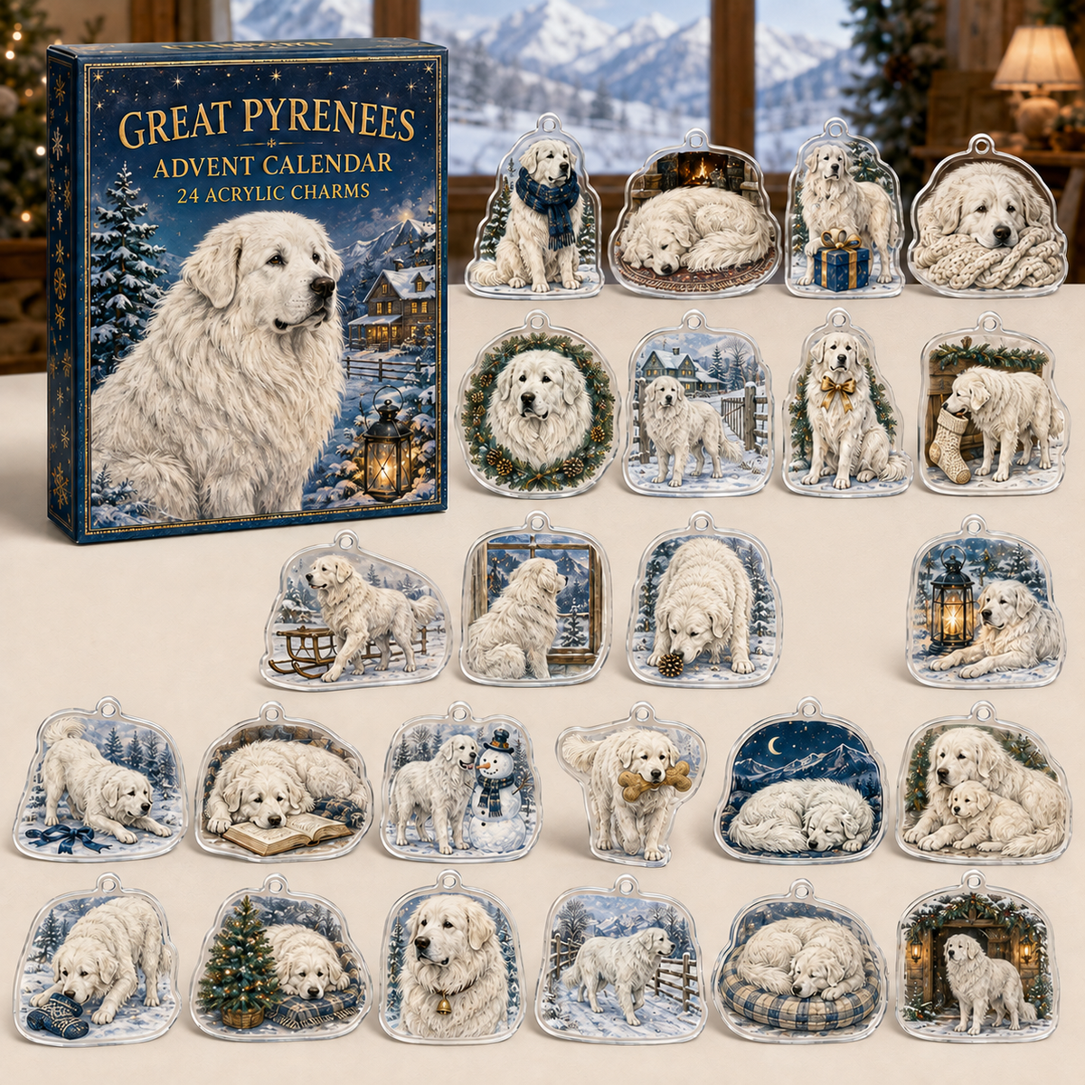 Great Pyrenees advent calendar box with 24 illustrated acrylic charms displayed on an ivory tabletop in a winter setting