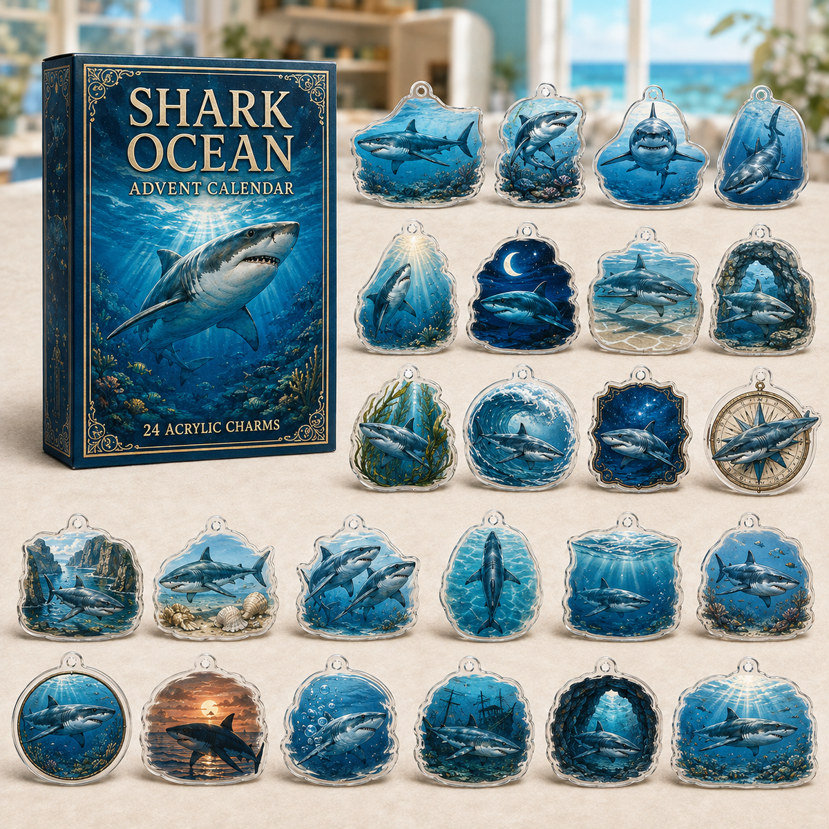 Great White Shark Ocean advent calendar gift box with 24 illustrated acrylic charms arranged on a light tabletop