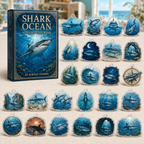 Great White Shark Ocean advent calendar gift box with 24 illustrated acrylic charms arranged on a light tabletop