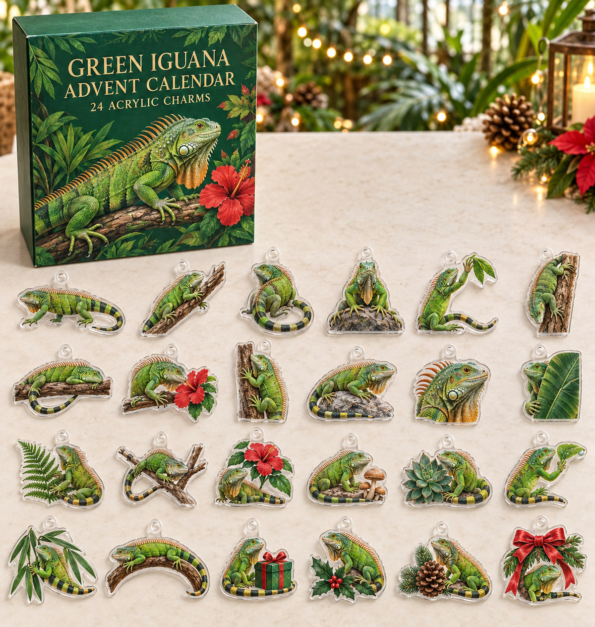 Green Iguana advent calendar with 24 custom-shaped flat acrylic charms and printed dimensional artwork