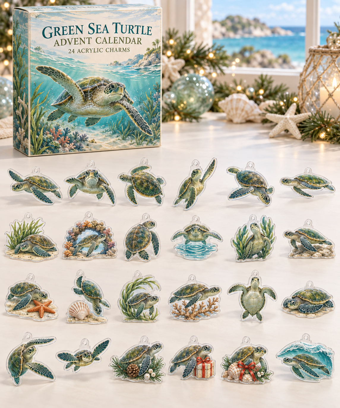 Green Sea Turtle advent calendar with 24 custom-shaped flat acrylic charms and printed dimensional artwork