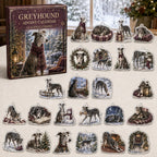 Greyhound advent calendar box and 24 illustrated acrylic charms displayed on an ivory tabletop in a winter setting