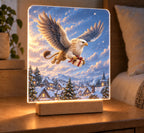 Griffin Winter Courier Acrylic Night Light with printed wings and snowy-village depth
