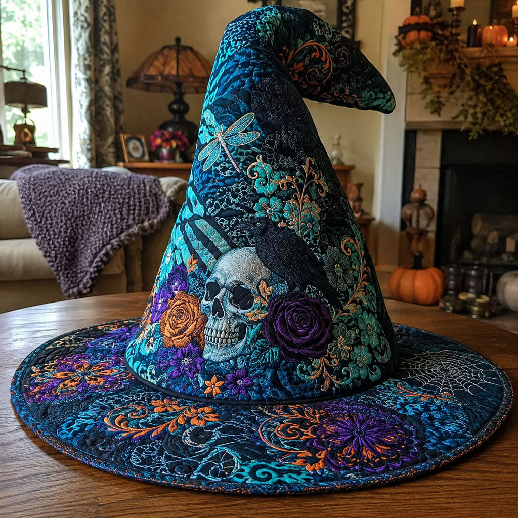 Grim Moonkeeper quilted witch hat, all-over print on cone and brim