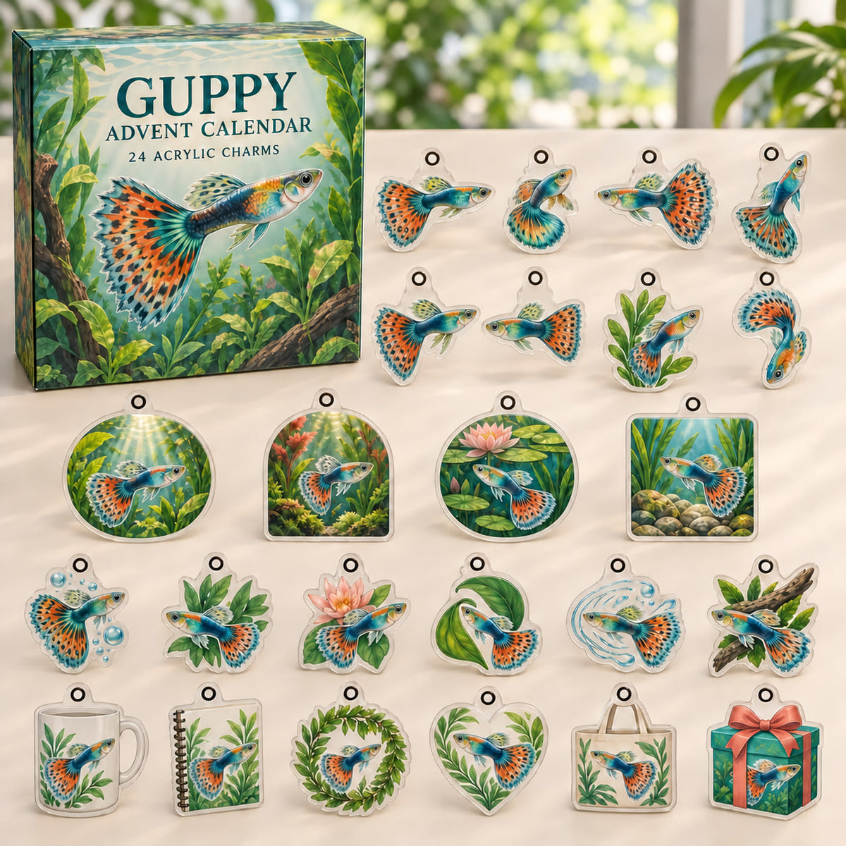 Guppy advent calendar box with 24 themed flat printed acrylic charms