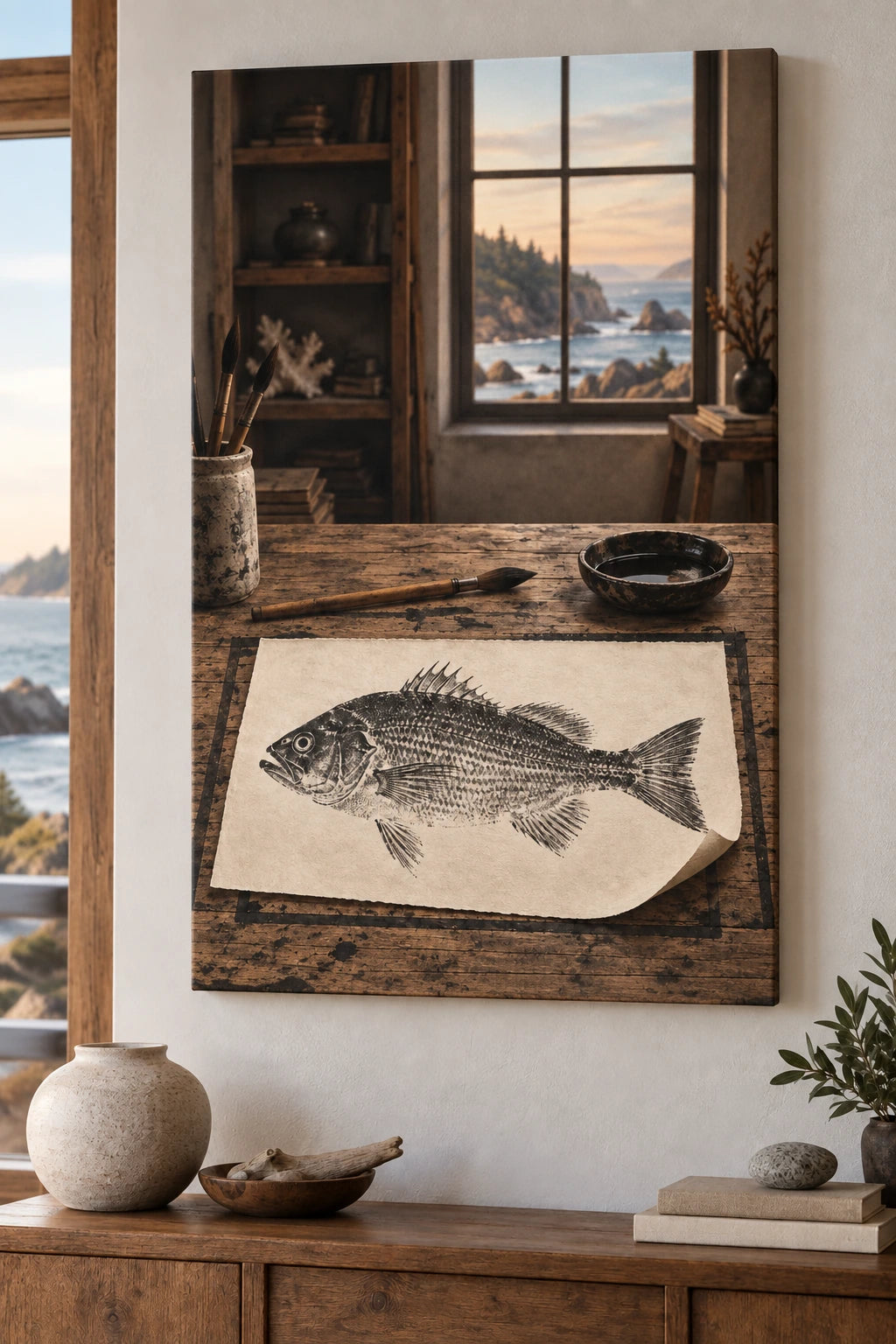 Gyotaku Fish Study Stretched Canvas Wall Art with original printed optical 3D artwork