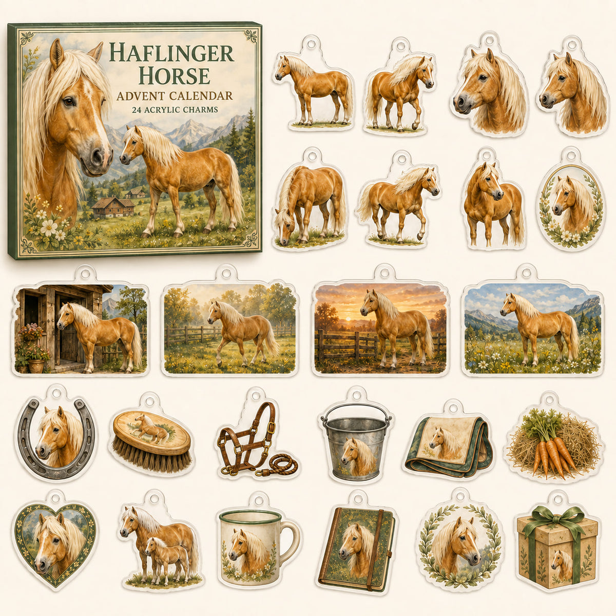 Haflinger Horse advent calendar box with24 printed acrylic equestrian charms