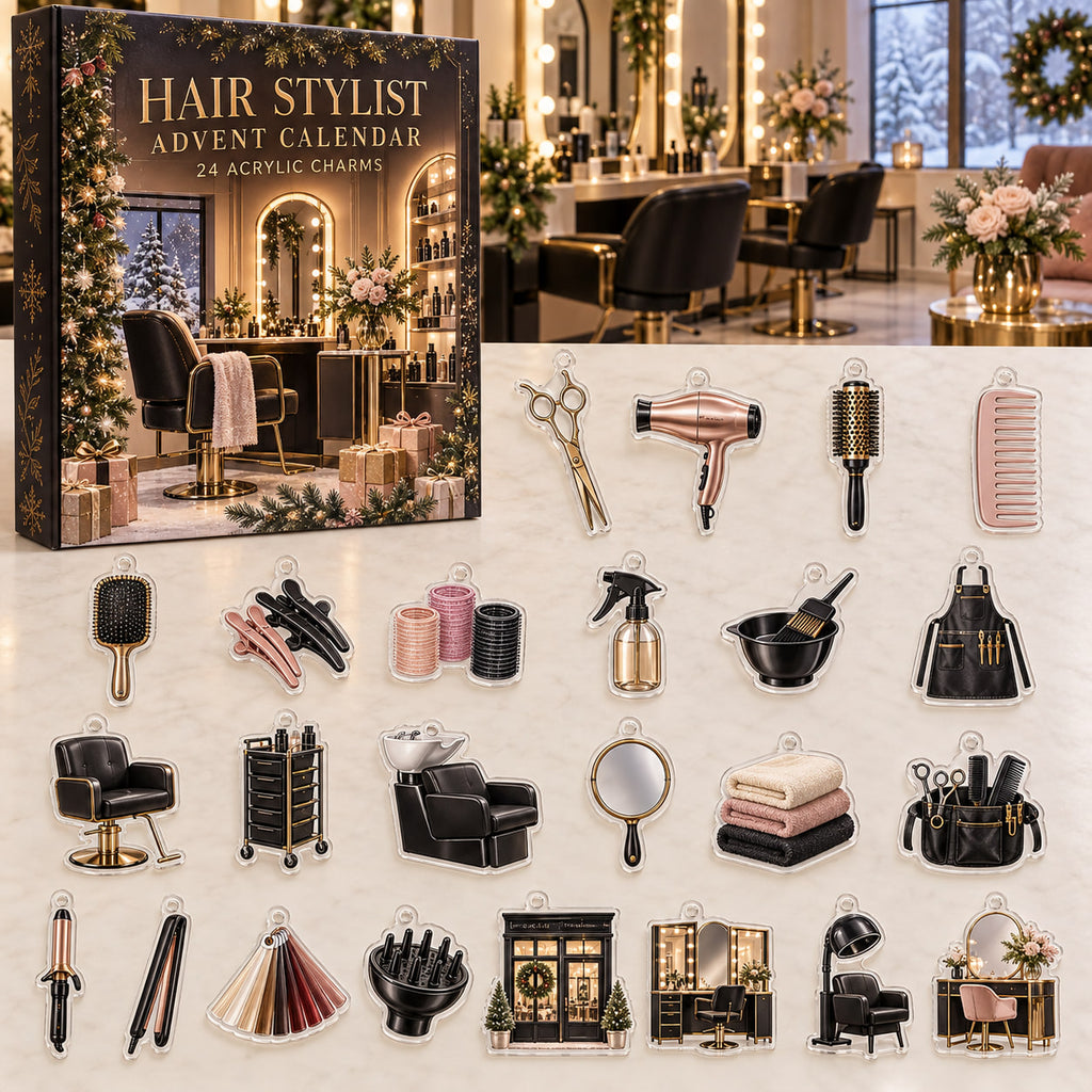 Hair stylist advent calendar mockup with 24 custom-shaped flat printed acrylic charms