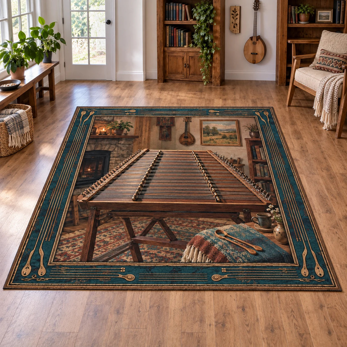 Hammered Dulcimer printed 3D area rug with coordinated hobby setting