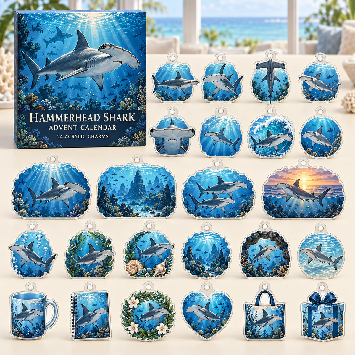 Hammerhead Shark advent calendar box with 24 themed flat printed acrylic charms