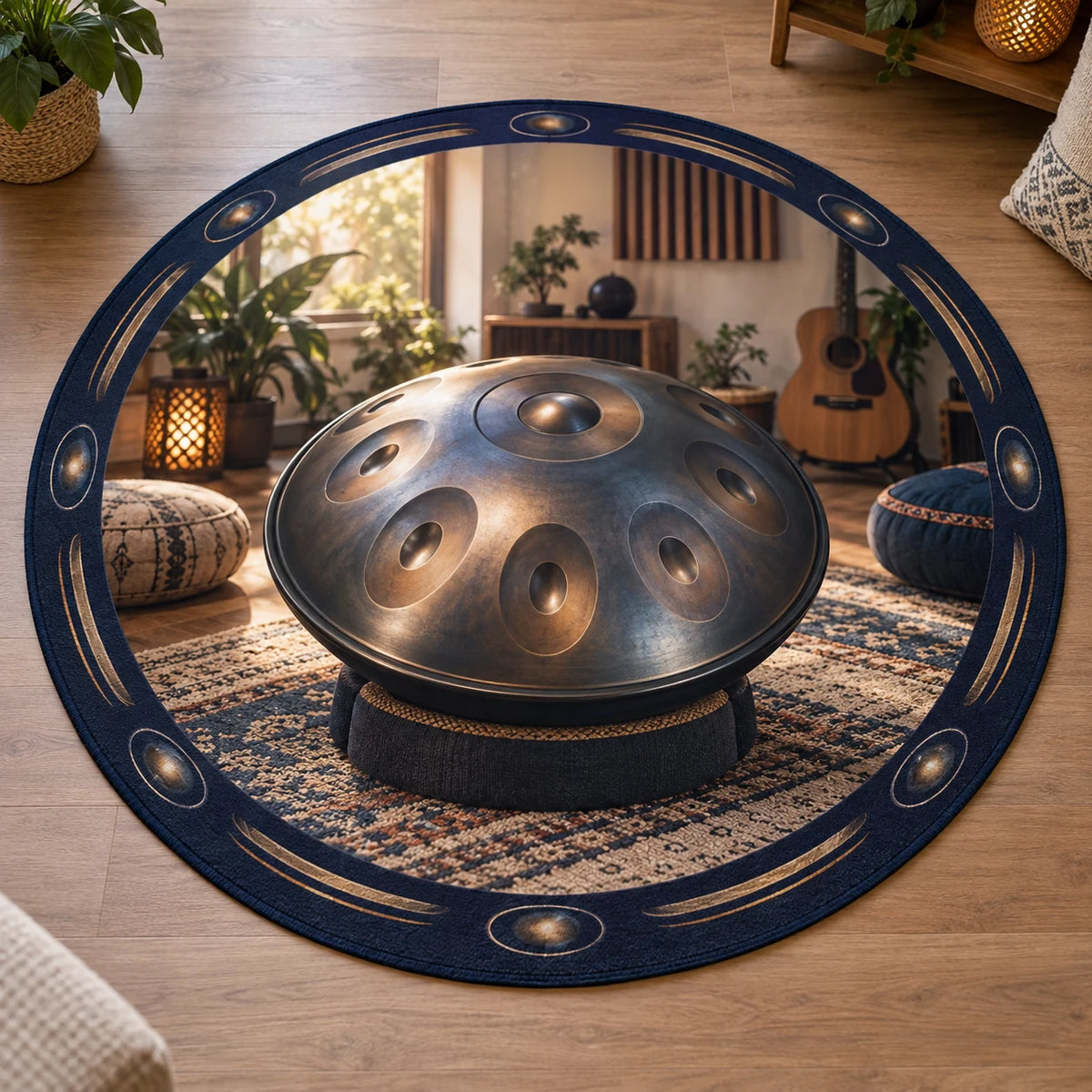 Handpan Acoustic Studio Round Mat Rug with printed optical 3D artwork