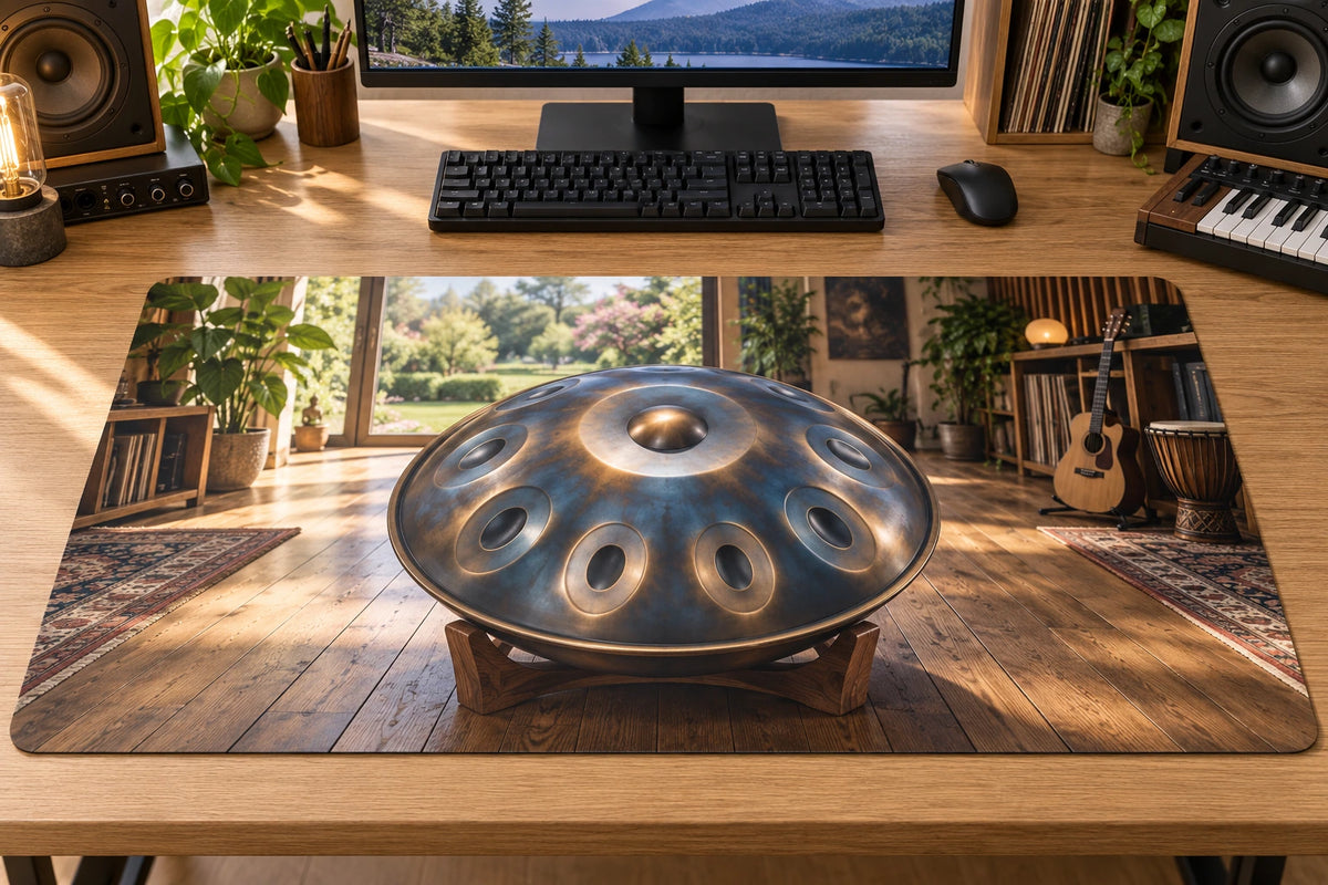 Handpan Garden Studio Desk Mat with flat printed steel instrument and sunlit music room depth.