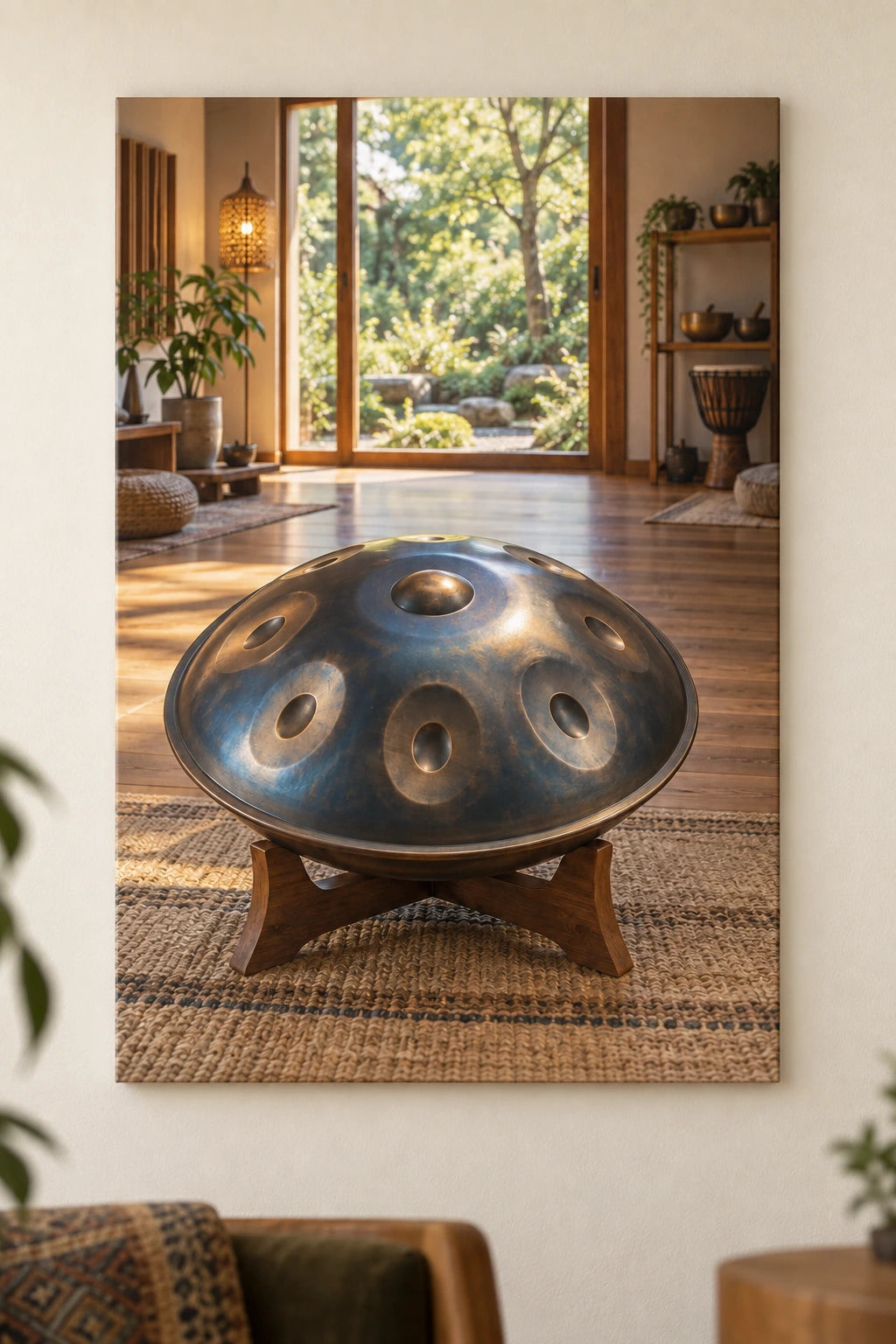 Handpan Garden Studio Stretched Canvas with flat printed steel instrument and receding sunlit music room.