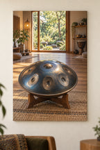 Handpan Garden Studio Stretched Canvas with flat printed steel instrument and receding sunlit music room.