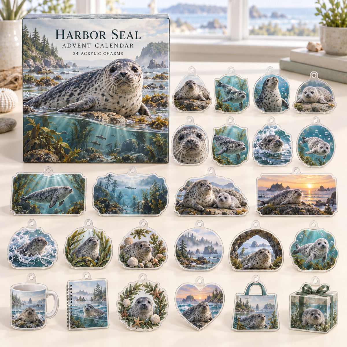 Harbor Seal advent calendar box with 24 themed flat printed acrylic charms