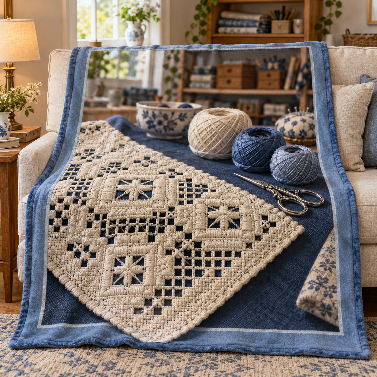 Hardanger Whitework Studio Fleece Throw Blanket with original printed optical 3D artwork