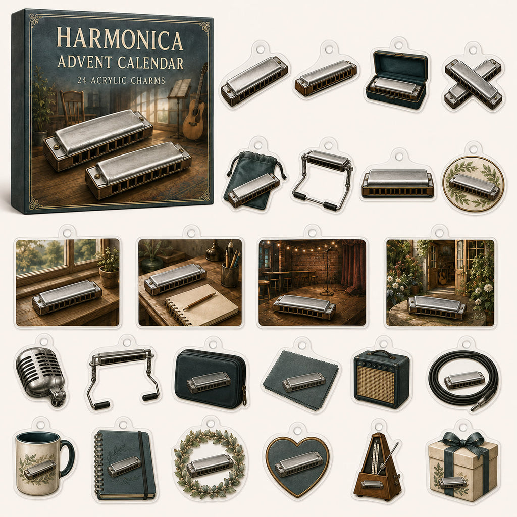 Harmonica advent calendar box with 24 themed printed acrylic charms