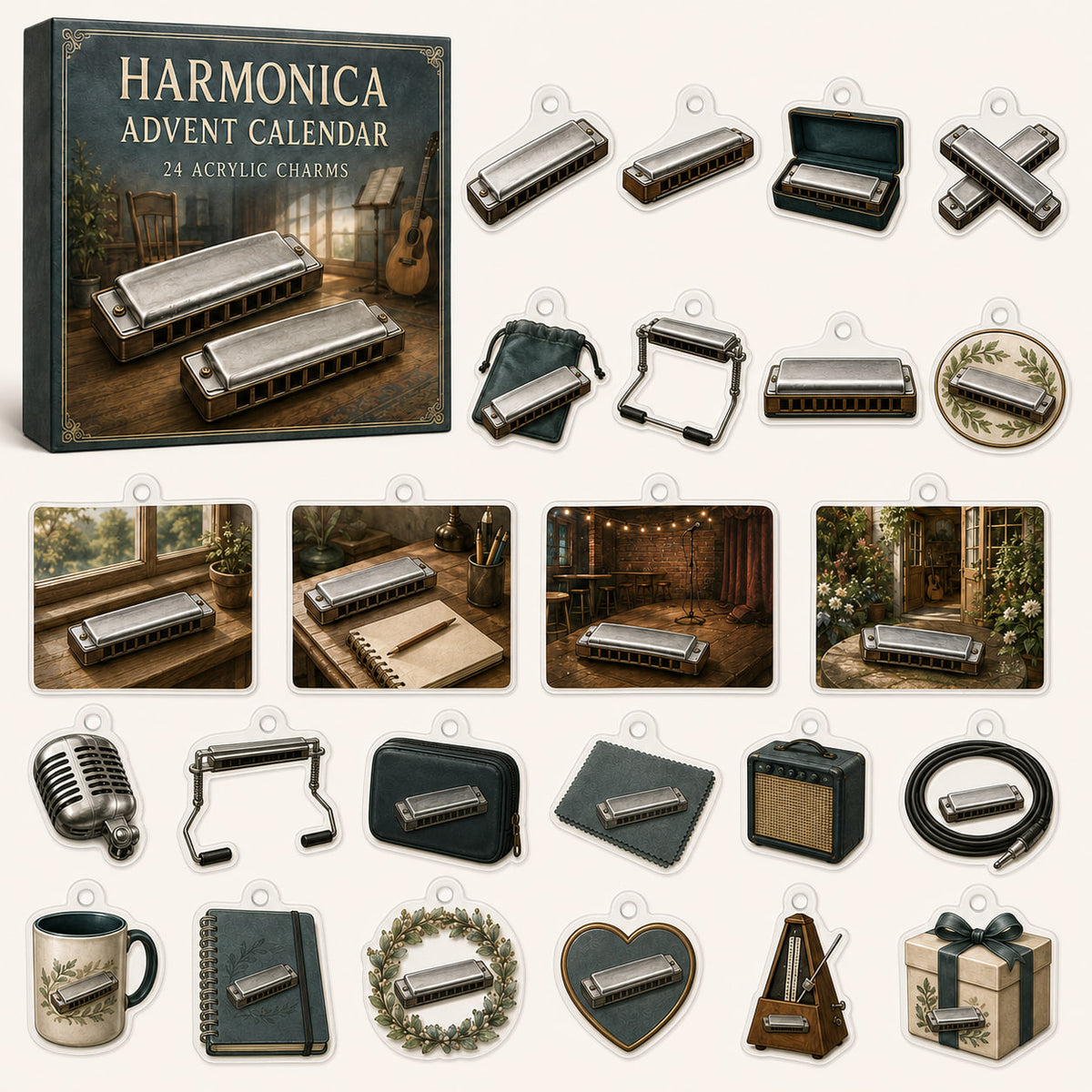 Harmonica advent calendar box with 24 themed printed acrylic charms