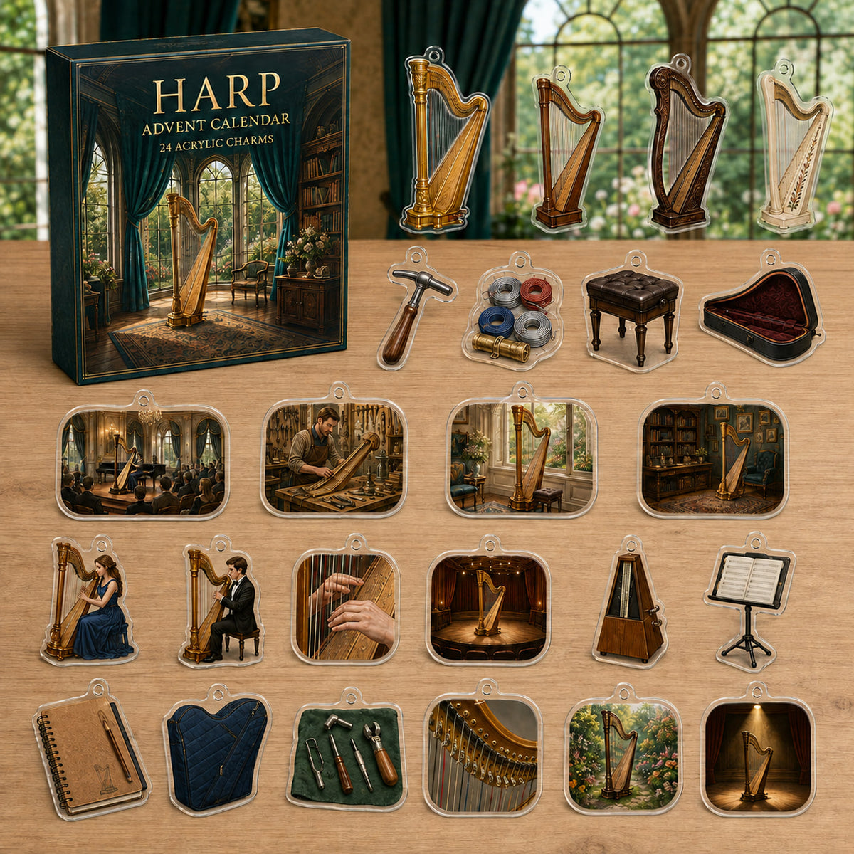 Harp advent calendar box and 24 printed acrylic music charms