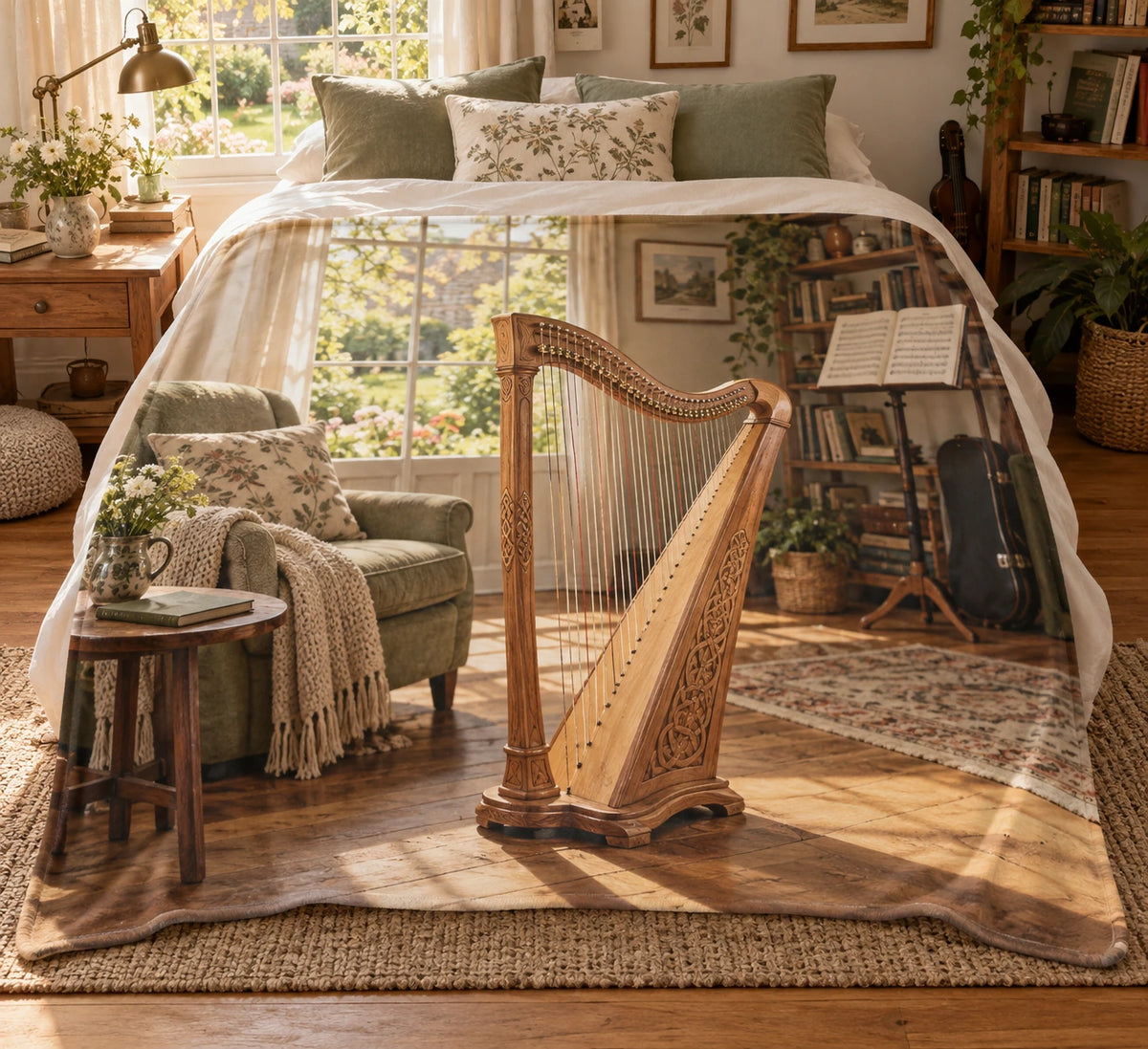 Honey-wood harp in sunlit garden studio, flat printed fleece throw blanket.