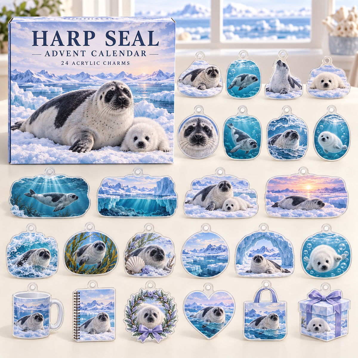 Harp Seal advent calendar box with 24 themed flat printed acrylic charms