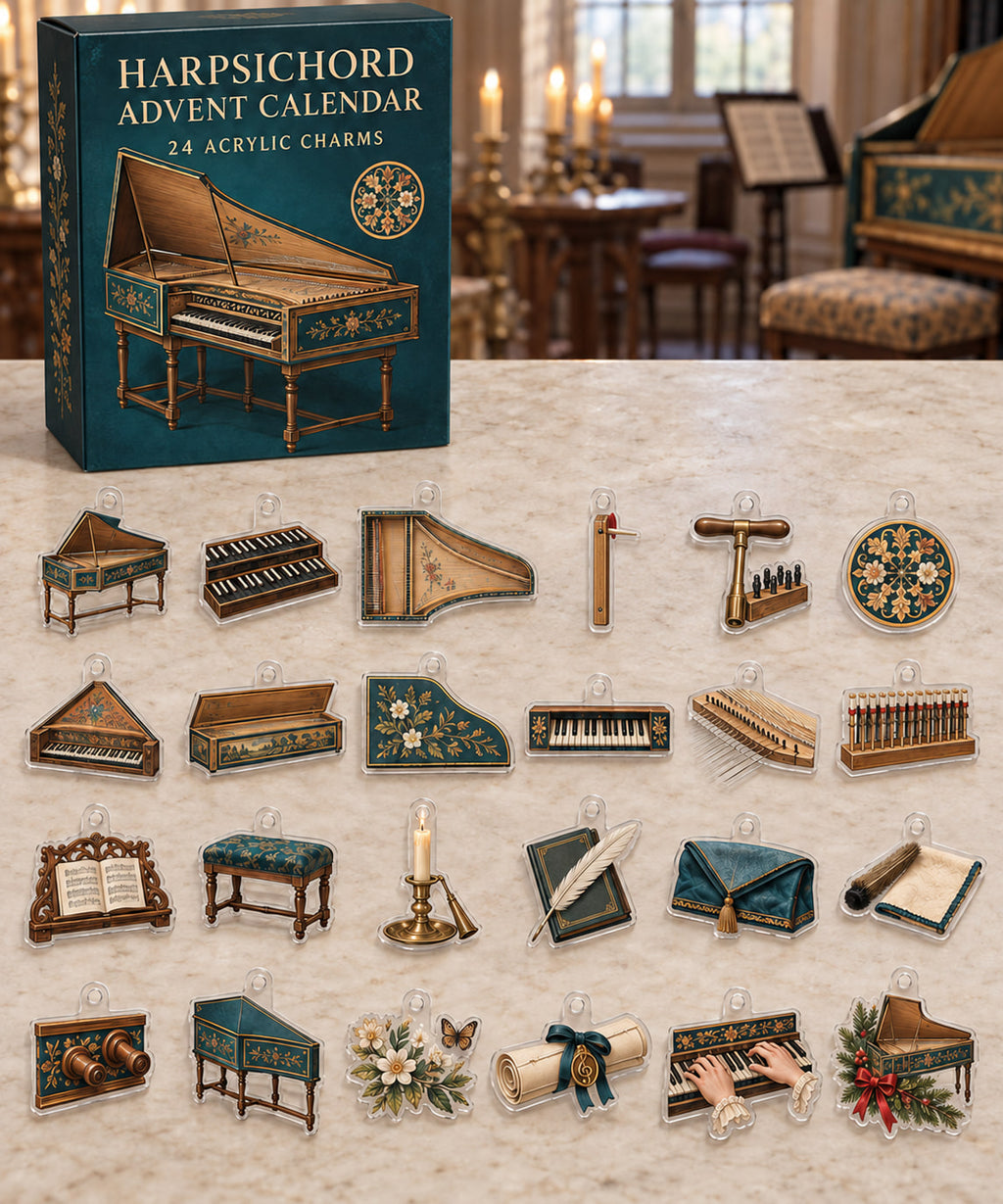 Harpsichord advent calendar with 24 custom-shaped flat acrylic charms and printed dimensional artwork