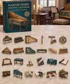 Harpsichord advent calendar with 24 custom-shaped flat acrylic charms and printed dimensional artwork