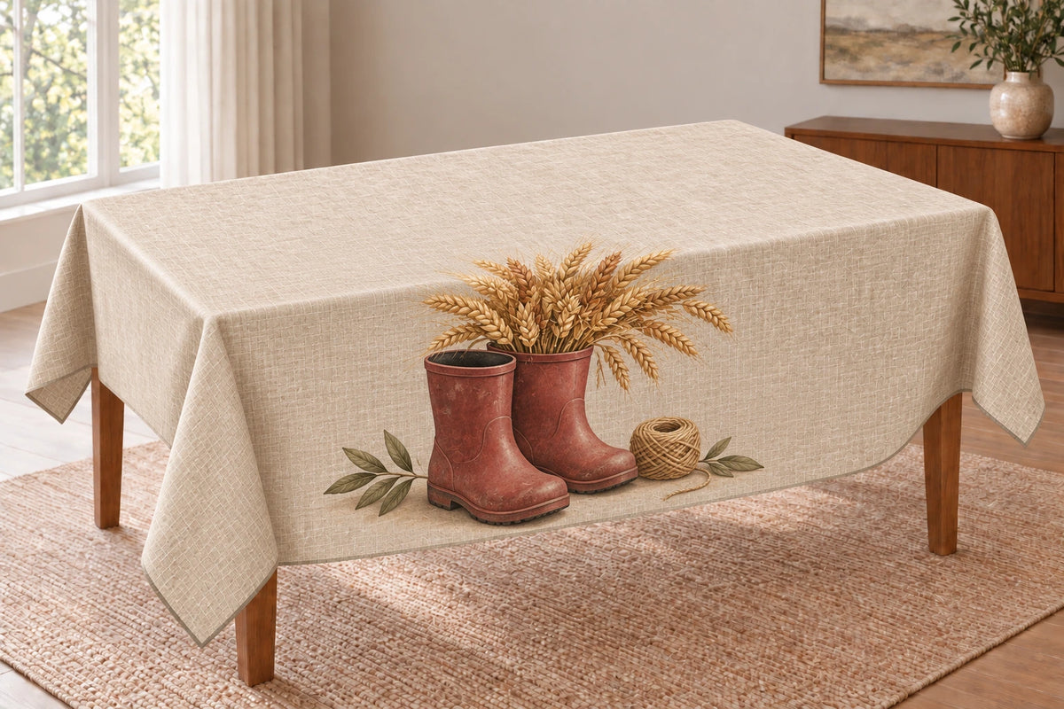 Harvest Boots Wheat Bouquet Tablecloth with printed boot folds and wheat depth