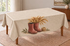 Harvest Boots Wheat Bouquet Tablecloth with printed boot folds and wheat depth