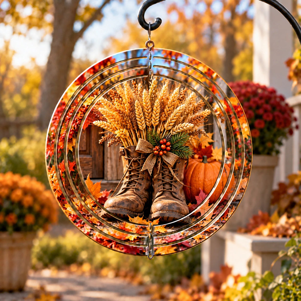 Harvest Boots Seasonal Keepsake Wind Spinner with printed dimensional autumn artwork