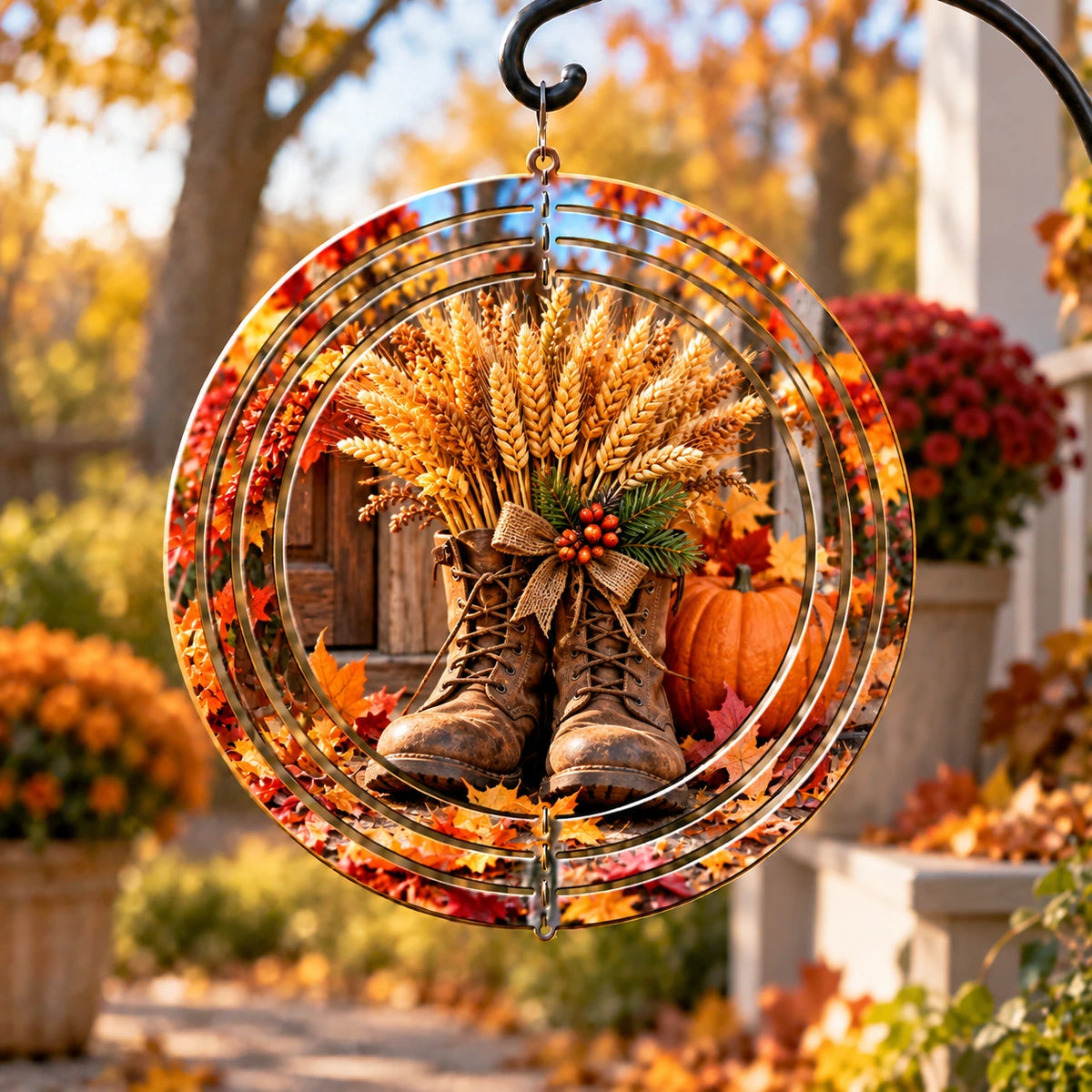 Harvest Boots Seasonal Keepsake Wind Spinner with printed dimensional autumn artwork