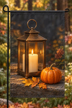 Harvest Lantern Golden Step Garden Flag with printed candle glow and autumn still-life depth