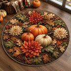 Harvest Pumpkin Dahlia Ring round mat rug with a dimensional printed design in a autumn botanical setting