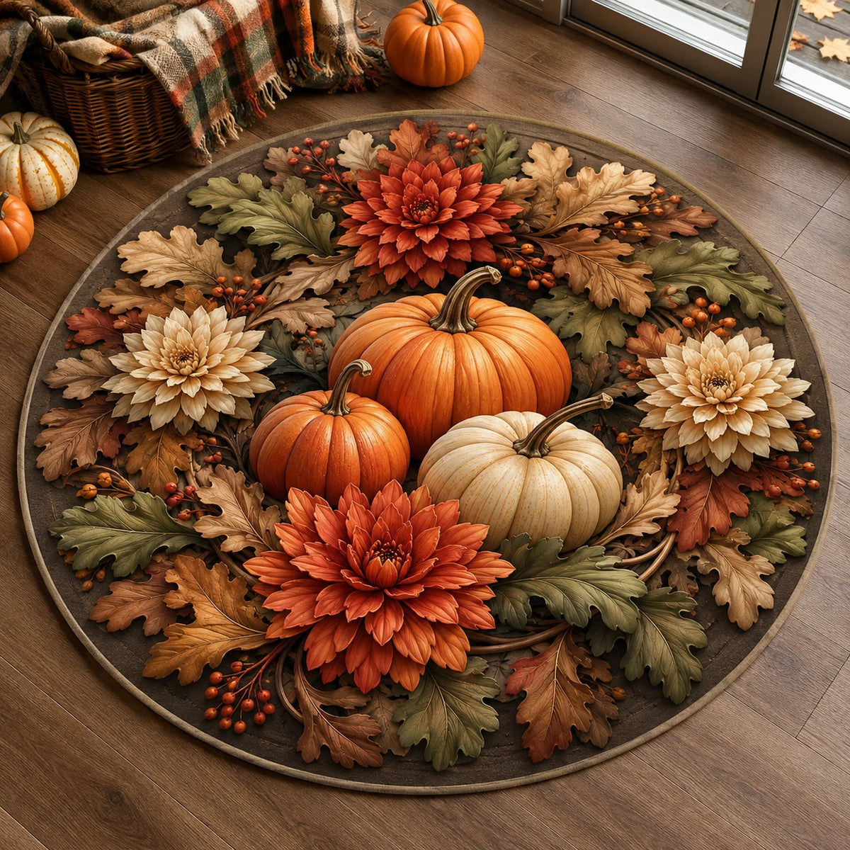 Harvest Pumpkin Dahlia Ring round mat rug with a dimensional printed design in a autumn botanical setting