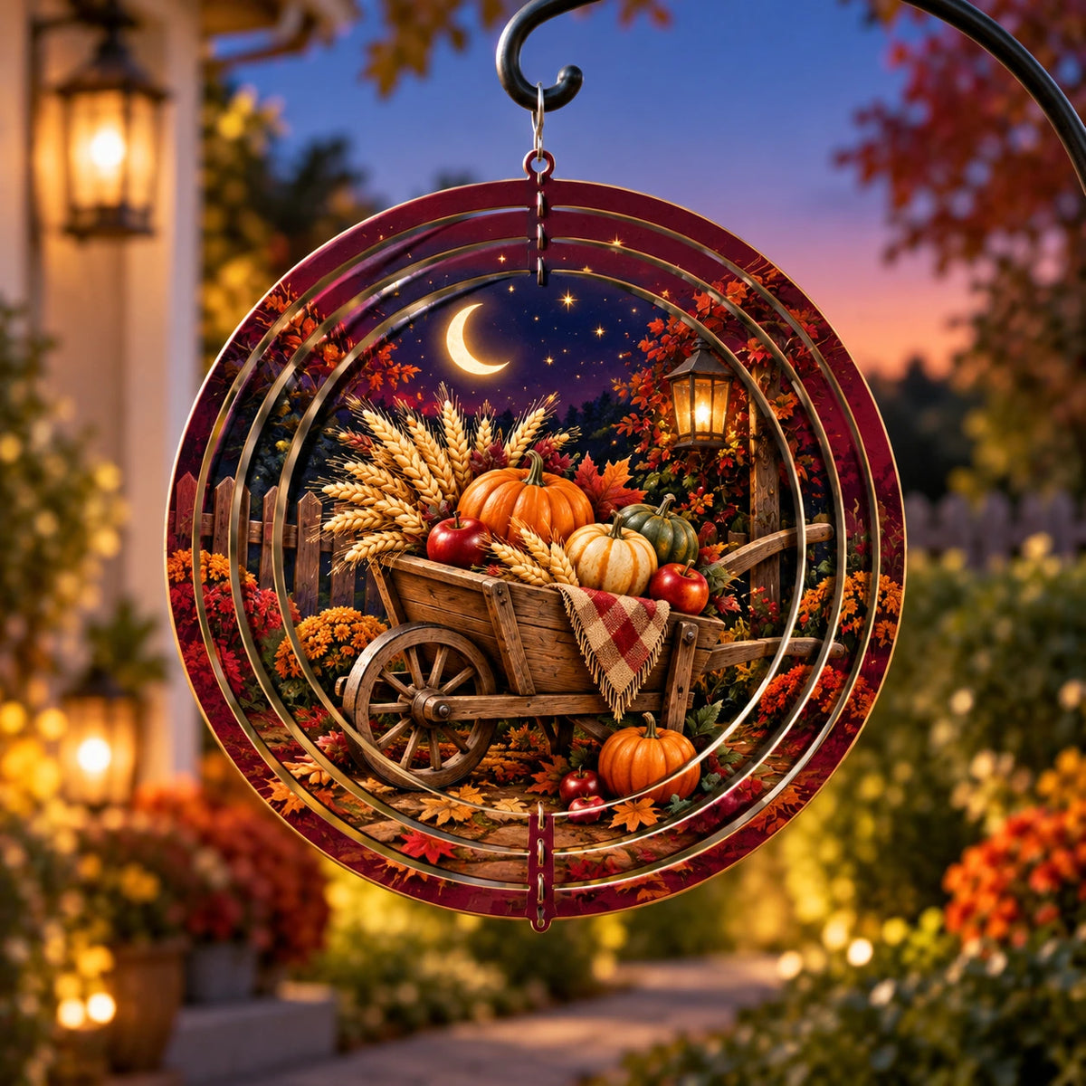 Harvest Wheelbarrow Moonlit Harvest Wind Spinner with printed dimensional autumn artwork
