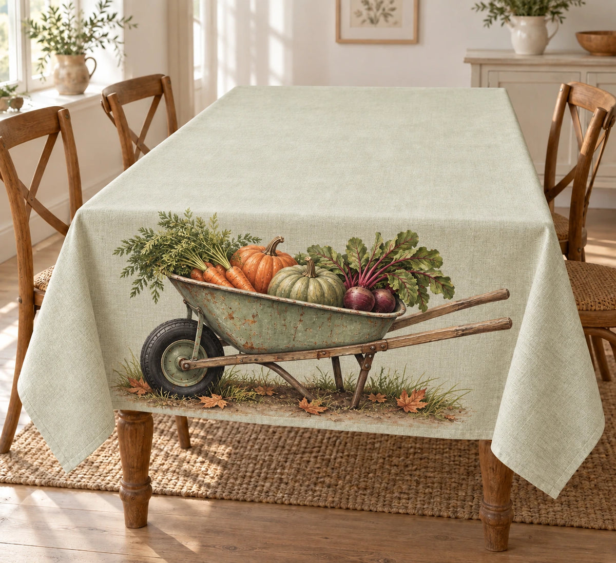 Harvest Wheelbarrow Garden Gather Tablecloth with printed metal rim and produce depth