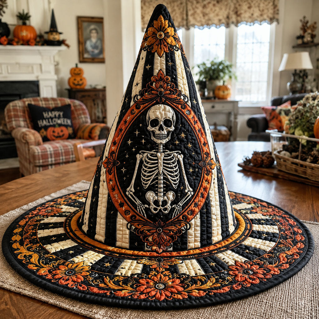 Haunted Bone Manor quilted witch hat, all-over print on cone and brim