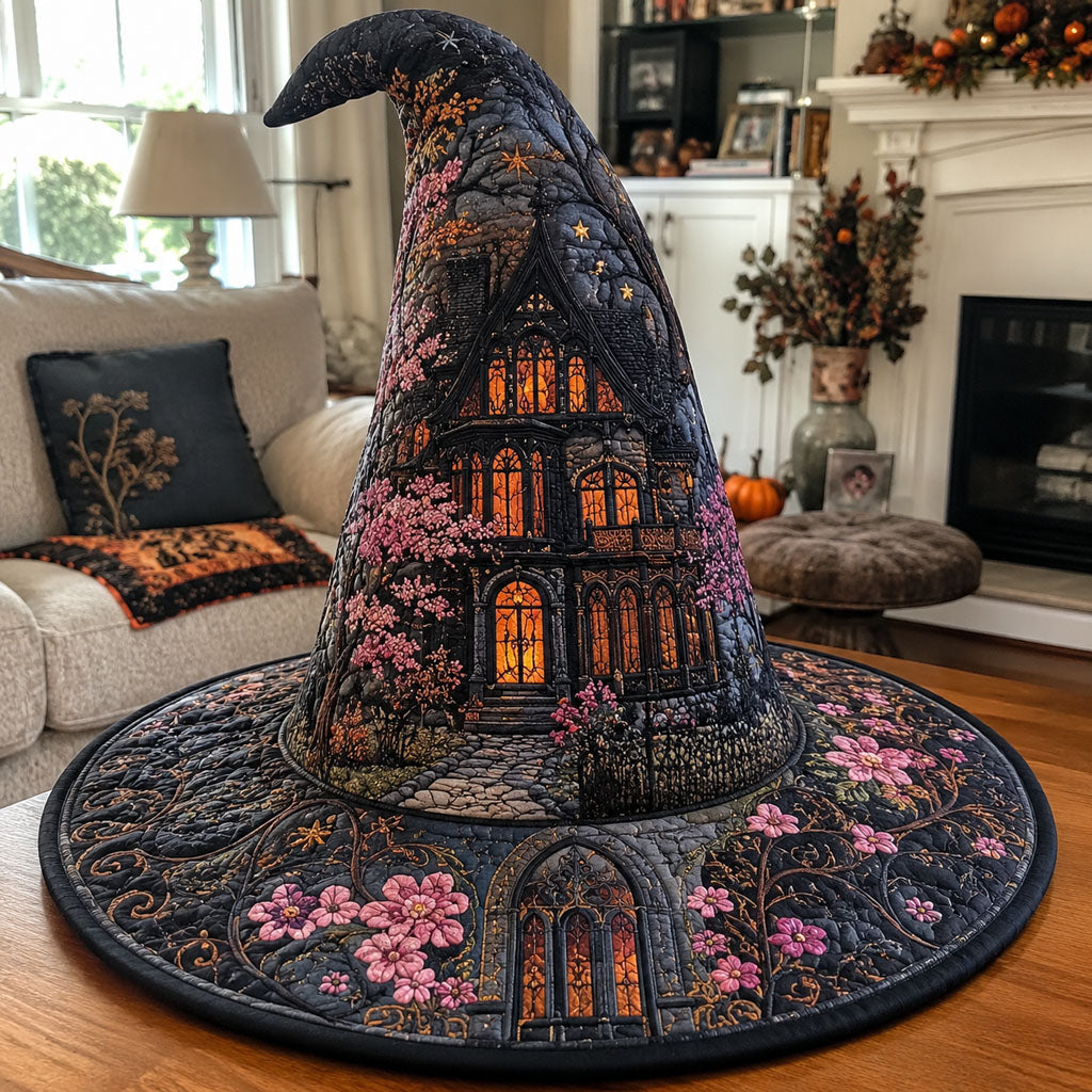 Haunted Manor quilted witch hat, all-over print on cone and brim