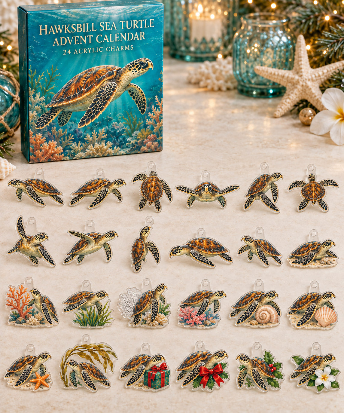 Hawksbill Sea Turtle advent calendar with 24 custom-shaped flat acrylic charms and printed dimensional artwork