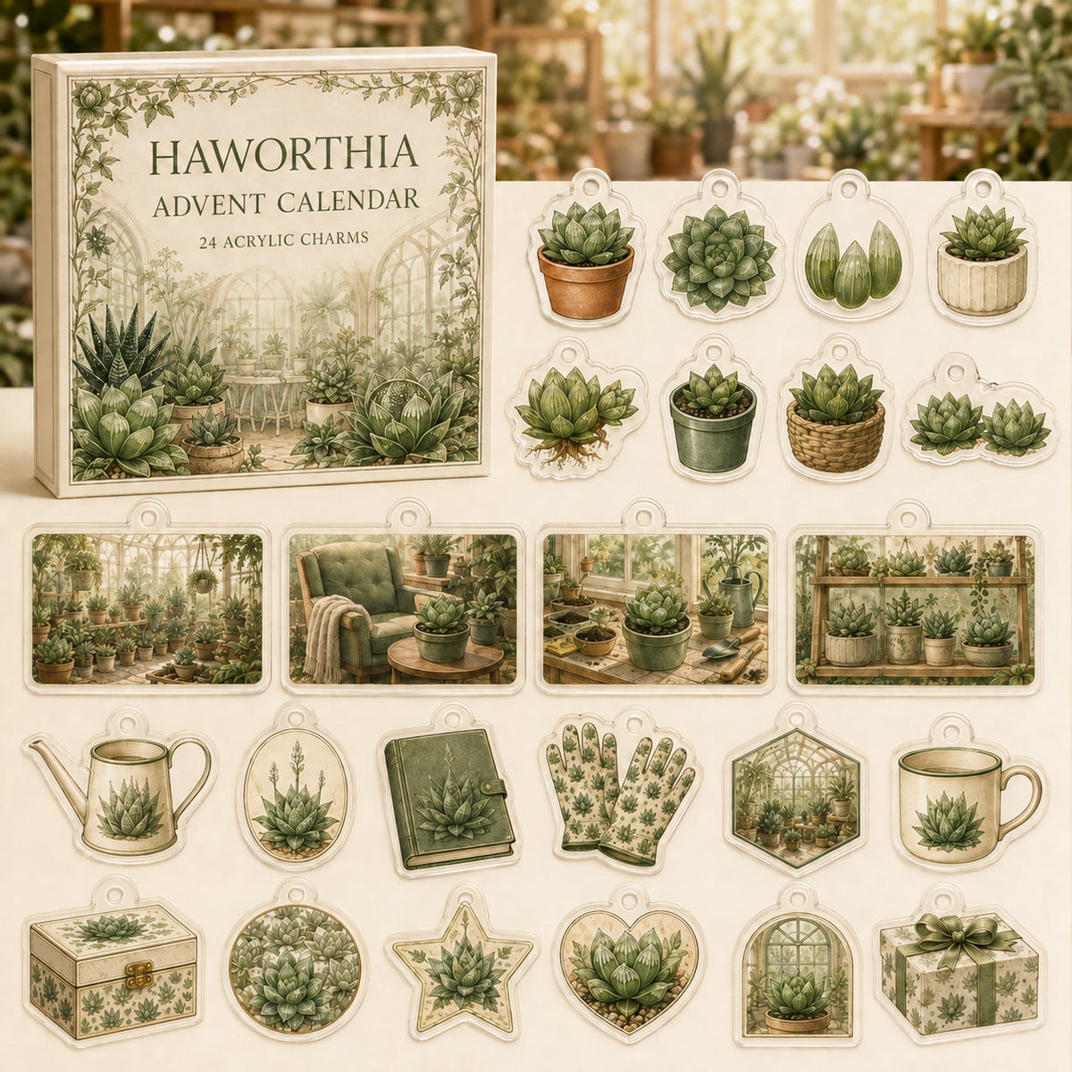 Haworthia advent calendar box and 24 succulent-themed printed acrylic charms