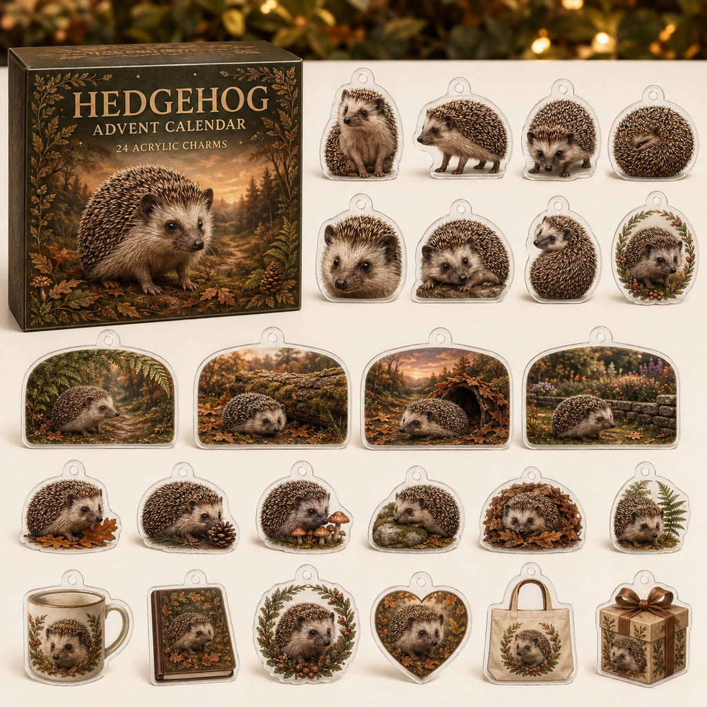 Hedgehog advent calendar box with 24 themed flat printed acrylic charms