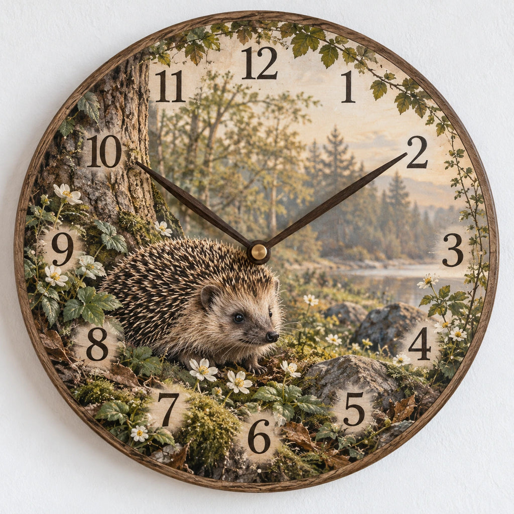 Hedgehog Wildflower Meadow Wooden Wall Clock with printed dimensional artwork