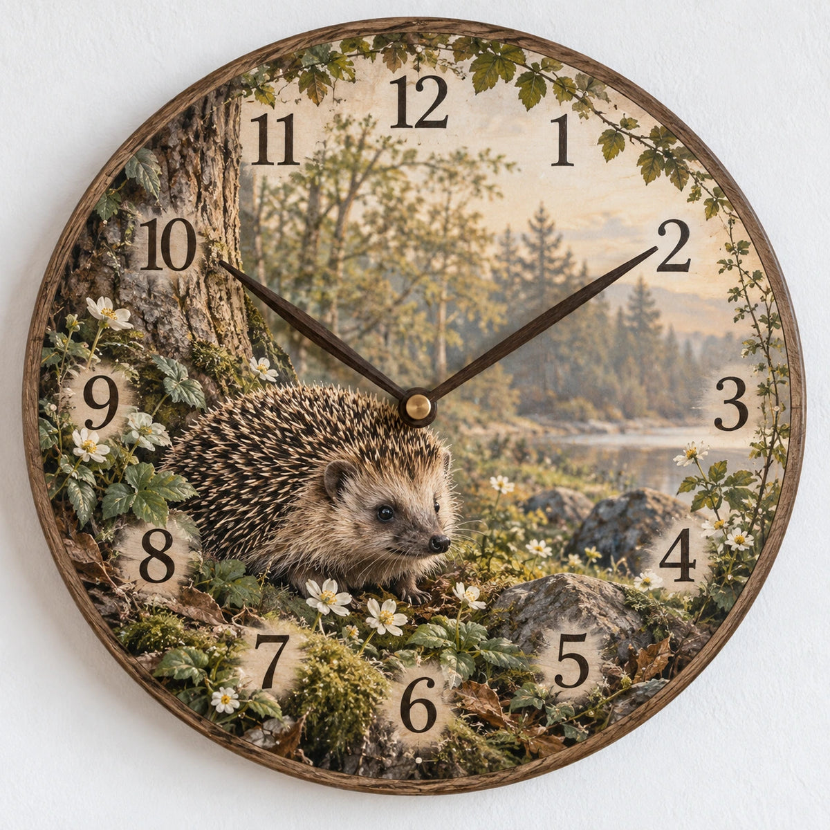 Hedgehog Wildflower Meadow Wooden Wall Clock with printed dimensional artwork