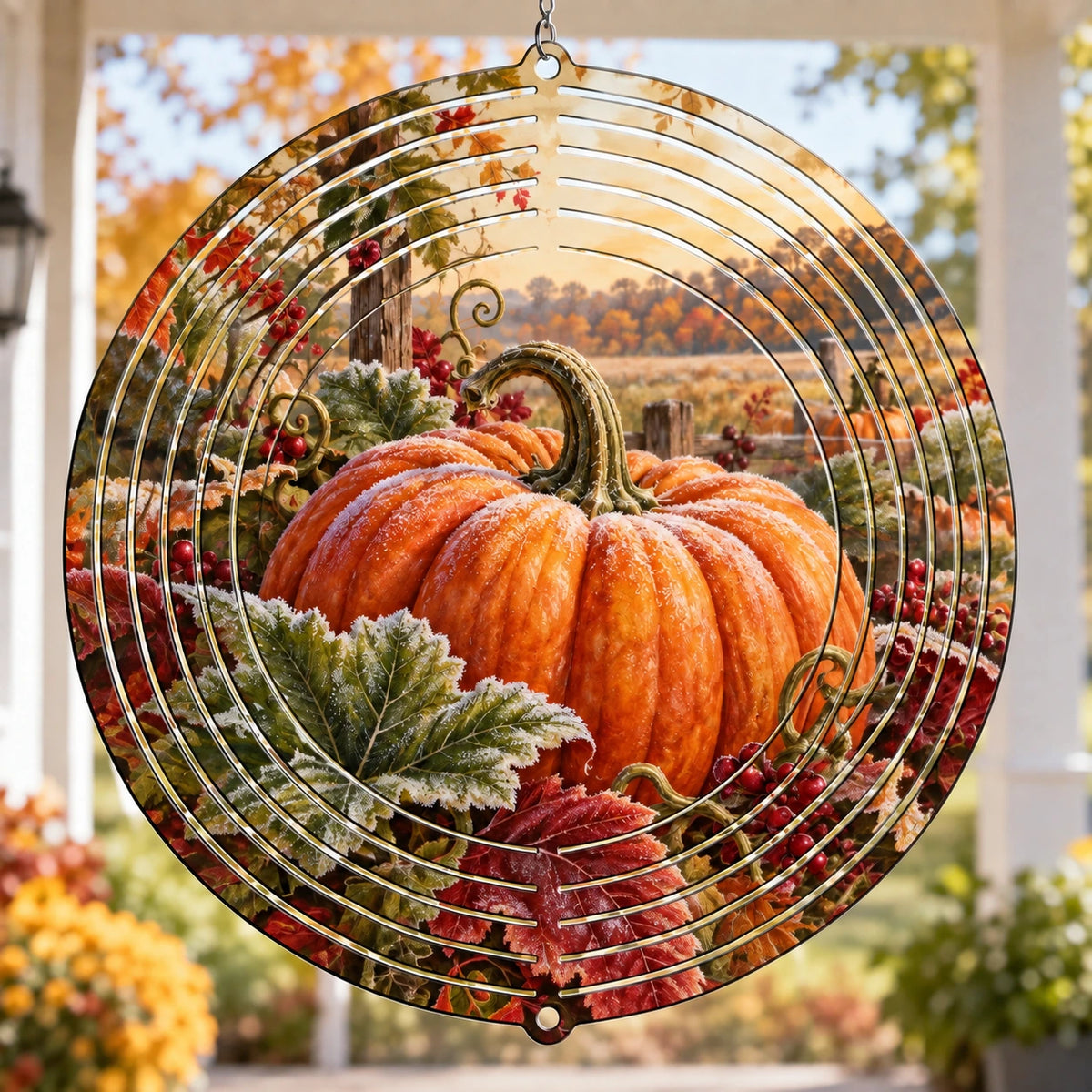 Heirloom Pumpkin First Frost Wind Spinner with printed dimensional artwork
