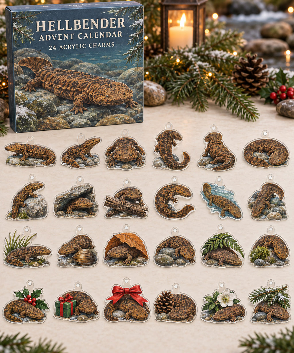Hellbender advent calendar with 24 custom-shaped flat acrylic charms and printed dimensional artwork