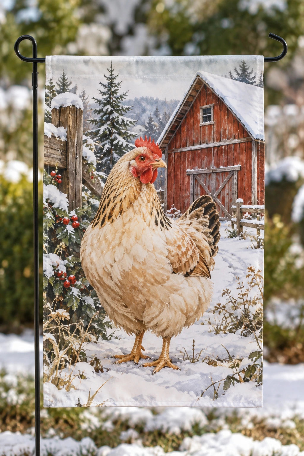 Hen Snowy Barn Garden Flag with printed dimensional artwork