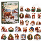Hereford Cattle advent calendar box and full set of 24 illustrated acrylic charms on a light tabletop