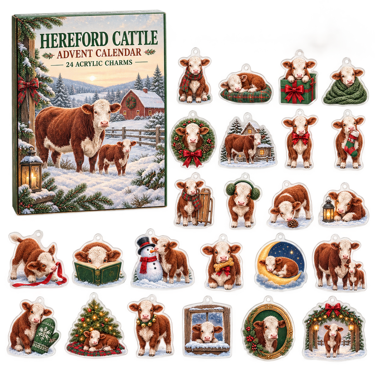 Hereford Cattle advent calendar box and full set of 24 illustrated acrylic charms on a light tabletop