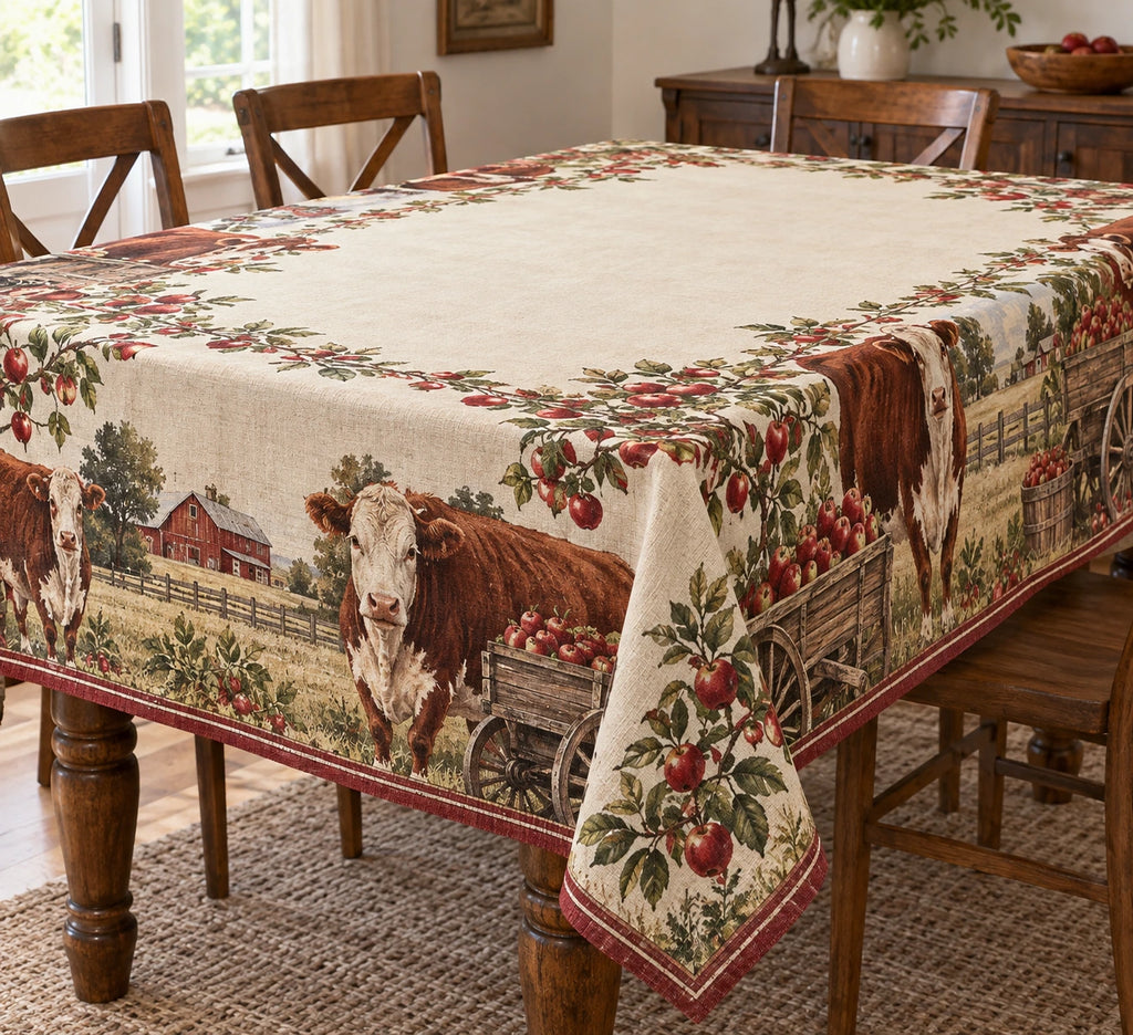 Hereford Cow Apple Cart Tablecloth with printed dimensional artwork