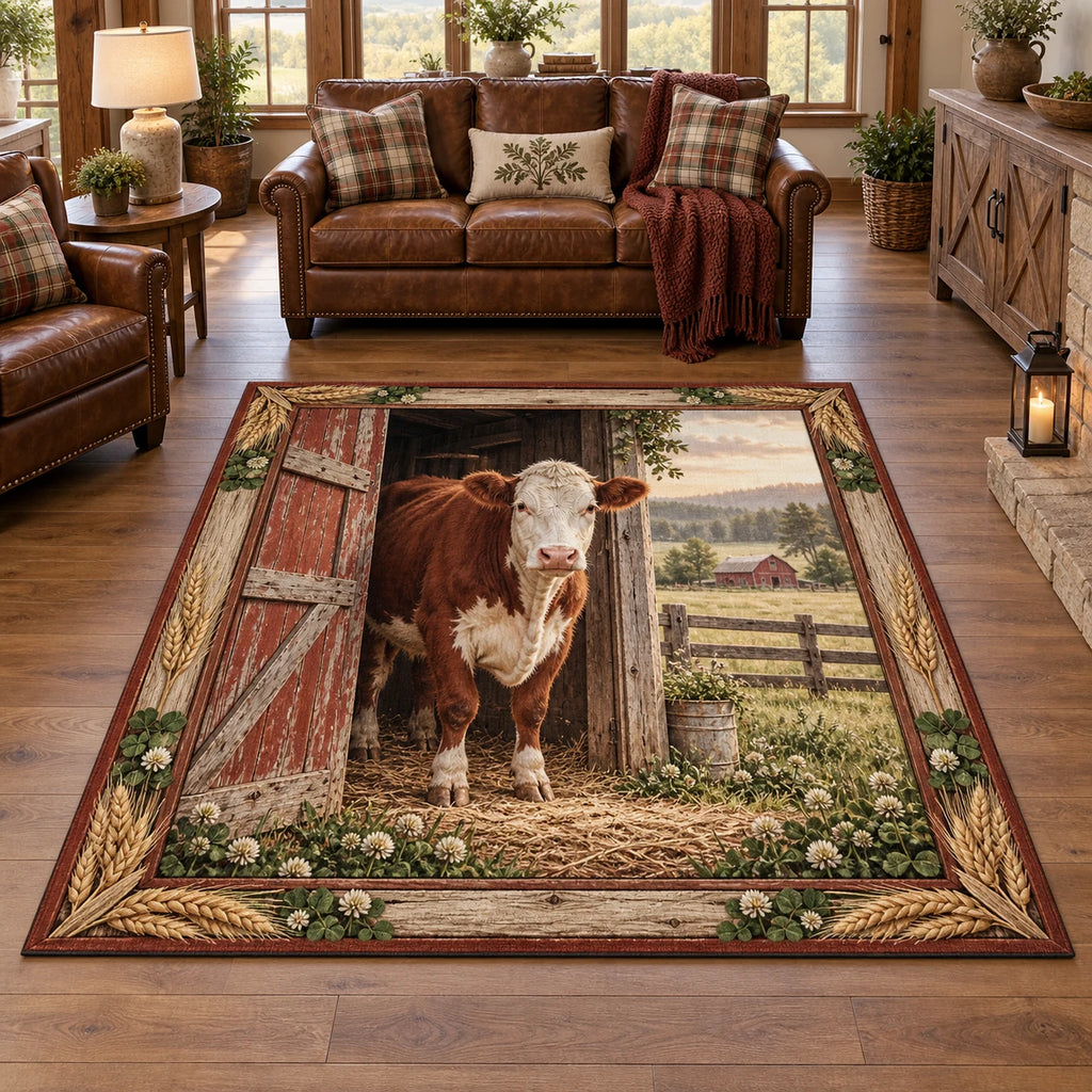 Hereford cow area rug with white-faced reddish cow, weathered barn door and pasture in a rustic farmhouse room.